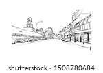 Building view with landmark of Halifax, an Atlantic Ocean port in eastern Canada, is the provincial capital of Nova Scotia. Hand drawn sketch illustration in vector.
