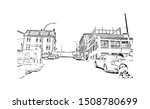 Building view with landmark of Halifax, an Atlantic Ocean port in eastern Canada, is the provincial capital of Nova Scotia. Hand drawn sketch illustration in vector.