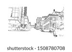 Building view with landmark of Halifax, an Atlantic Ocean port in eastern Canada, is the provincial capital of Nova Scotia. Hand drawn sketch illustration in vector.