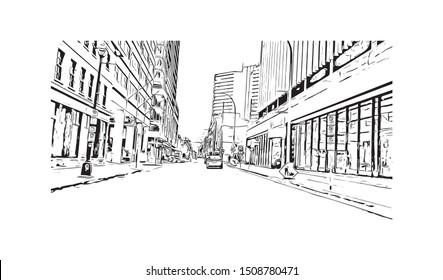 Building view with landmark of Halifax, an Atlantic Ocean port in eastern Canada, is the provincial capital of Nova Scotia. Hand drawn sketch illustration in vector.