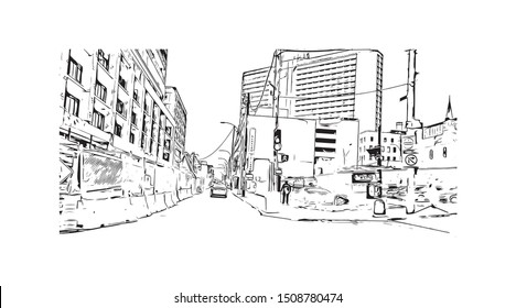 Building view with landmark of Halifax, an Atlantic Ocean port in eastern Canada, is the provincial capital of Nova Scotia. Hand drawn sketch illustration in vector.