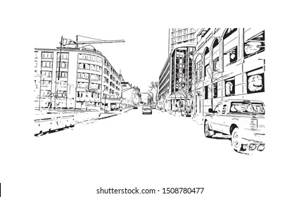 Building view with landmark of Halifax, an Atlantic Ocean port in eastern Canada, is the provincial capital of Nova Scotia. Hand drawn sketch illustration in vector.