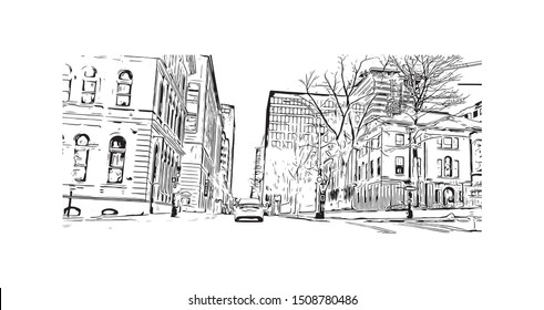 Building view with landmark of Halifax, an Atlantic Ocean port in eastern Canada, is the provincial capital of Nova Scotia. Hand drawn sketch illustration in vector.