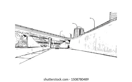 Building view with landmark of Halifax, an Atlantic Ocean port in eastern Canada, is the provincial capital of Nova Scotia. Hand drawn sketch illustration in vector.