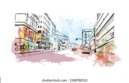 Building view with landmark of Halifax, an Atlantic Ocean port in eastern Canada, is the provincial capital of Nova Scotia. Watercolor splash with Hand drawn sketch illustration in vector.