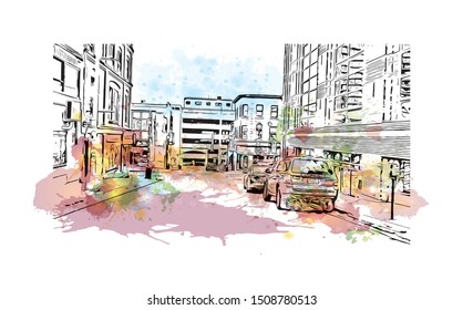 Building view with landmark of Halifax, an Atlantic Ocean port in eastern Canada, is the provincial capital of Nova Scotia. Watercolor splash with Hand drawn sketch illustration in vector.