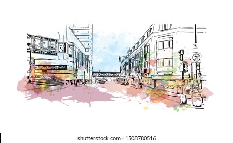 Building view with landmark of Halifax, an Atlantic Ocean port in eastern Canada, is the provincial capital of Nova Scotia. Watercolor splash with Hand drawn sketch illustration in vector.