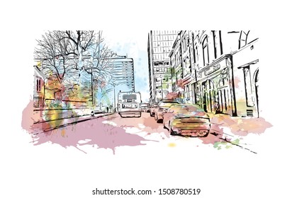 Building view with landmark of Halifax, an Atlantic Ocean port in eastern Canada, is the provincial capital of Nova Scotia. Watercolor splash with Hand drawn sketch illustration in vector.