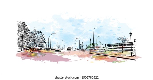 Building view with landmark of Halifax, an Atlantic Ocean port in eastern Canada, is the provincial capital of Nova Scotia. Watercolor splash with Hand drawn sketch illustration in vector.