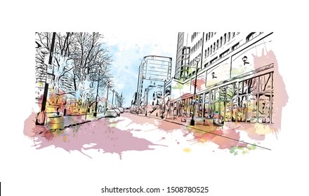 Building view with landmark of Halifax, an Atlantic Ocean port in eastern Canada, is the provincial capital of Nova Scotia. Watercolor splash with Hand drawn sketch illustration in vector.