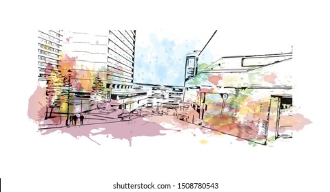 Building view with landmark of Halifax, an Atlantic Ocean port in eastern Canada, is the provincial capital of Nova Scotia. Watercolor splash with Hand drawn sketch illustration in vector.