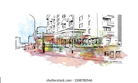 Building view with landmark of Halifax, an Atlantic Ocean port in eastern Canada, is the provincial capital of Nova Scotia. Watercolor splash with Hand drawn sketch illustration in vector.