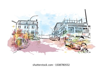 Building view with landmark of Halifax, an Atlantic Ocean port in eastern Canada, is the provincial capital of Nova Scotia. Watercolor splash with Hand drawn sketch illustration in vector.