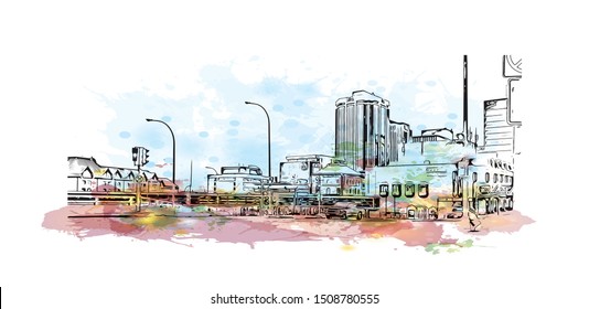 Building view with landmark of Halifax, an Atlantic Ocean port in eastern Canada, is the provincial capital of Nova Scotia. Watercolor splash with Hand drawn sketch illustration in vector.