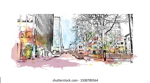 Building view with landmark of Halifax, an Atlantic Ocean port in eastern Canada, is the provincial capital of Nova Scotia. Watercolor splash with Hand drawn sketch illustration in vector.