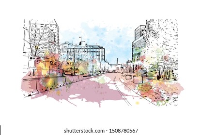 Building view with landmark of Halifax, an Atlantic Ocean port in eastern Canada, is the provincial capital of Nova Scotia. Watercolor splash with Hand drawn sketch illustration in vector.