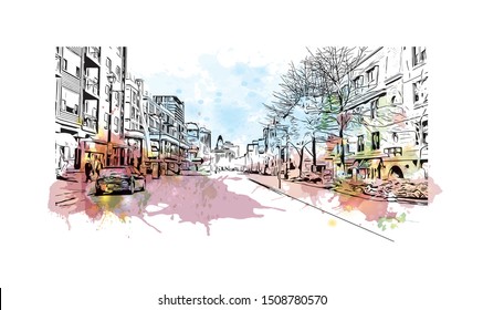 Building view with landmark of Halifax, an Atlantic Ocean port in eastern Canada, is the provincial capital of Nova Scotia. Watercolor splash with Hand drawn sketch illustration in vector.