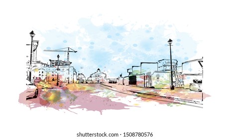 Building view with landmark of Halifax, an Atlantic Ocean port in eastern Canada, is the provincial capital of Nova Scotia. Watercolor splash with Hand drawn sketch illustration in vector.
