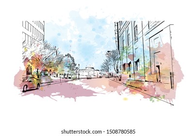Building view with landmark of Halifax, an Atlantic Ocean port in eastern Canada, is the provincial capital of Nova Scotia. Watercolor splash with Hand drawn sketch illustration in vector.