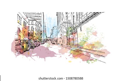 Building view with landmark of Halifax, an Atlantic Ocean port in eastern Canada, is the provincial capital of Nova Scotia. Watercolor splash with Hand drawn sketch illustration in vector.