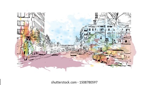 Building view with landmark of Halifax, an Atlantic Ocean port in eastern Canada, is the provincial capital of Nova Scotia. Watercolor splash with Hand drawn sketch illustration in vector.