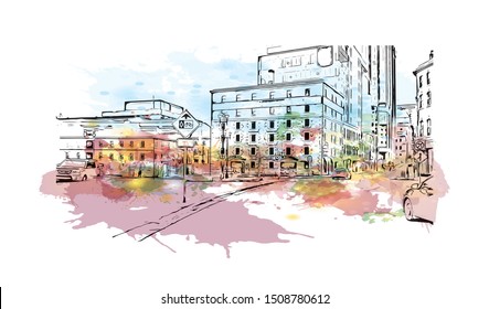 Building view with landmark of Halifax, an Atlantic Ocean port in eastern Canada, is the provincial capital of Nova Scotia. Watercolor splash with Hand drawn sketch illustration in vector.