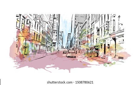 Building view with landmark of Halifax, an Atlantic Ocean port in eastern Canada, is the provincial capital of Nova Scotia. Watercolor splash with Hand drawn sketch illustration in vector.