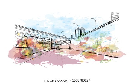 Building view with landmark of Halifax, an Atlantic Ocean port in eastern Canada, is the provincial capital of Nova Scotia. Watercolor splash with Hand drawn sketch illustration in vector.