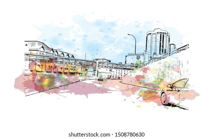 Building view with landmark of Halifax, an Atlantic Ocean port in eastern Canada, is the provincial capital of Nova Scotia. Watercolor splash with Hand drawn sketch illustration in vector.