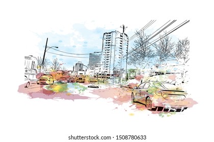 Building view with landmark of Halifax, an Atlantic Ocean port in eastern Canada, is the provincial capital of Nova Scotia. Watercolor splash with Hand drawn sketch illustration in vector.