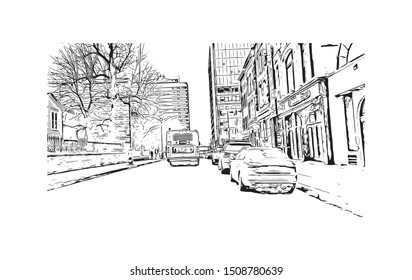 Building view with landmark of Halifax, an Atlantic Ocean port in eastern Canada, is the provincial capital of Nova Scotia. Hand drawn sketch illustration in vector.