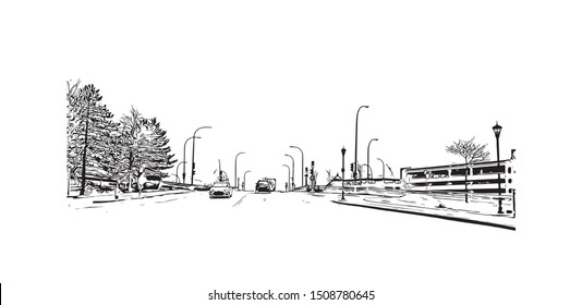 Building view with landmark of Halifax, an Atlantic Ocean port in eastern Canada, is the provincial capital of Nova Scotia. Hand drawn sketch illustration in vector.
