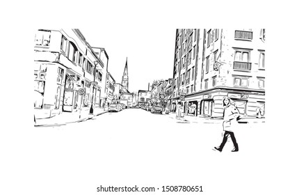 Building view with landmark of Halifax, an Atlantic Ocean port in eastern Canada, is the provincial capital of Nova Scotia. Hand drawn sketch illustration in vector.