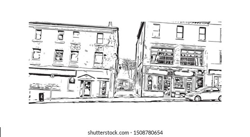 Building view with landmark of Halifax, an Atlantic Ocean port in eastern Canada, is the provincial capital of Nova Scotia. Hand drawn sketch illustration in vector.