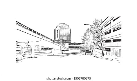 Building view with landmark of Halifax, an Atlantic Ocean port in eastern Canada, is the provincial capital of Nova Scotia. Hand drawn sketch illustration in vector.