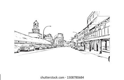Building view with landmark of Halifax, an Atlantic Ocean port in eastern Canada, is the provincial capital of Nova Scotia. Hand drawn sketch illustration in vector.