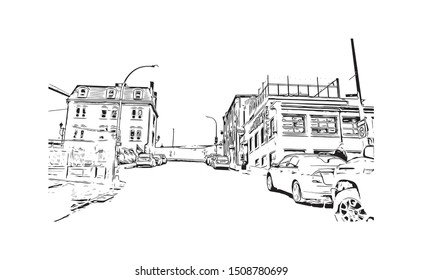 Building view with landmark of Halifax, an Atlantic Ocean port in eastern Canada, is the provincial capital of Nova Scotia. Hand drawn sketch illustration in vector.