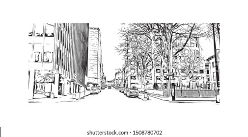 Building view with landmark of Halifax, an Atlantic Ocean port in eastern Canada, is the provincial capital of Nova Scotia. Hand drawn sketch illustration in vector.