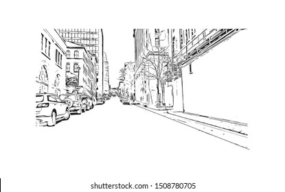 Building view with landmark of Halifax, an Atlantic Ocean port in eastern Canada, is the provincial capital of Nova Scotia. Hand drawn sketch illustration in vector.