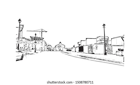 Building view with landmark of Halifax, an Atlantic Ocean port in eastern Canada, is the provincial capital of Nova Scotia. Hand drawn sketch illustration in vector.