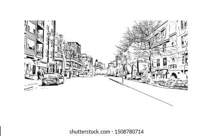 Building view with landmark of Halifax, an Atlantic Ocean port in eastern Canada, is the provincial capital of Nova Scotia. Hand drawn sketch illustration in vector.
