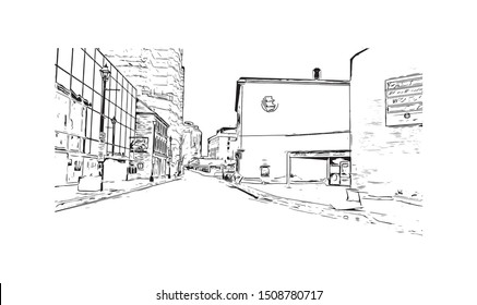 Building view with landmark of Halifax, an Atlantic Ocean port in eastern Canada, is the provincial capital of Nova Scotia. Hand drawn sketch illustration in vector.
