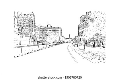 Building view with landmark of Halifax, an Atlantic Ocean port in eastern Canada, is the provincial capital of Nova Scotia. Hand drawn sketch illustration in vector.