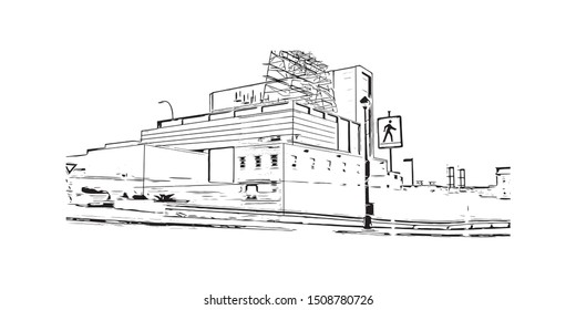 Building view with landmark of Halifax, an Atlantic Ocean port in eastern Canada, is the provincial capital of Nova Scotia. Hand drawn sketch illustration in vector.