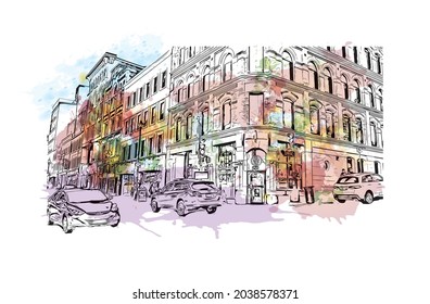 Building view with landmark of Halifax is the 
city in Canada. Watercolor splash with hand drawn sketch illustration in vector.