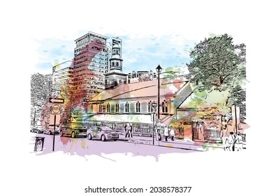 Building view with landmark of Halifax is the 
city in Canada. Watercolor splash with hand drawn sketch illustration in vector.