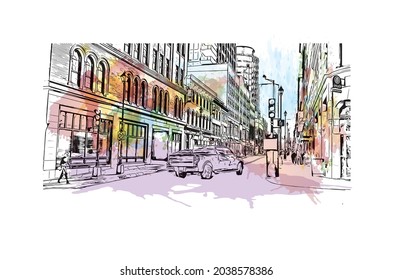 Building view with landmark of Halifax is the 
city in Canada. Watercolor splash with hand drawn sketch illustration in vector.