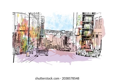 Building view with landmark of Halifax is the 
city in Canada. Watercolor splash with hand drawn sketch illustration in vector.