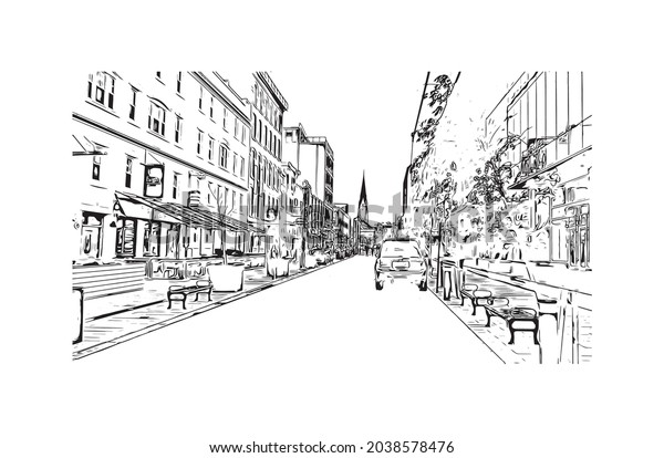 Building view with\
landmark of Halifax is the \
city in Canada. Hand drawn sketch\
illustration in\
vector.