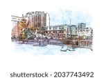 Building view with landmark of Halifax is the municipality
city in Canada. Watercolor splash with hand drawn sketch illustration in vector.